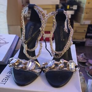 Shoe Dazzle Black Heels with Gold Chain Accents